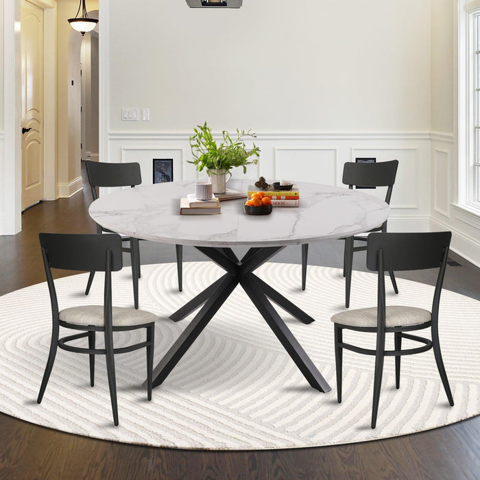 53" Round Mid-Century Modern Wooden Kitchen Dining Table for 4-6 with Solid Metal Leg, Marble Texture