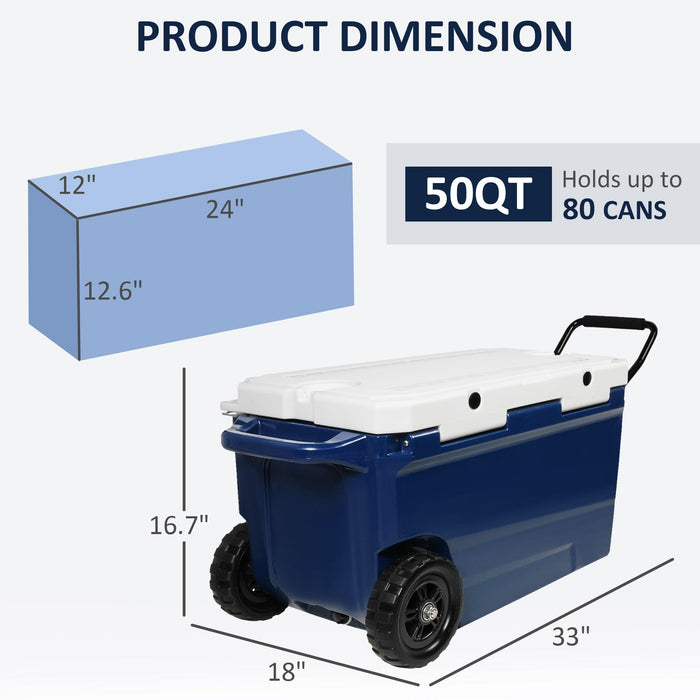 50QT Portable Ice Cooler Box with Wheels and Handle Ice Chest for Camping for Outdoor Fishing Travel