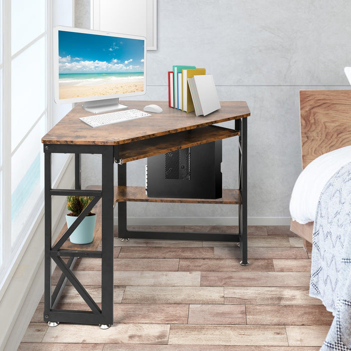 Corner Desk for Small Space Home Office Computer Desk Writing Table with Storage Shelves and Bookshelf, Brown