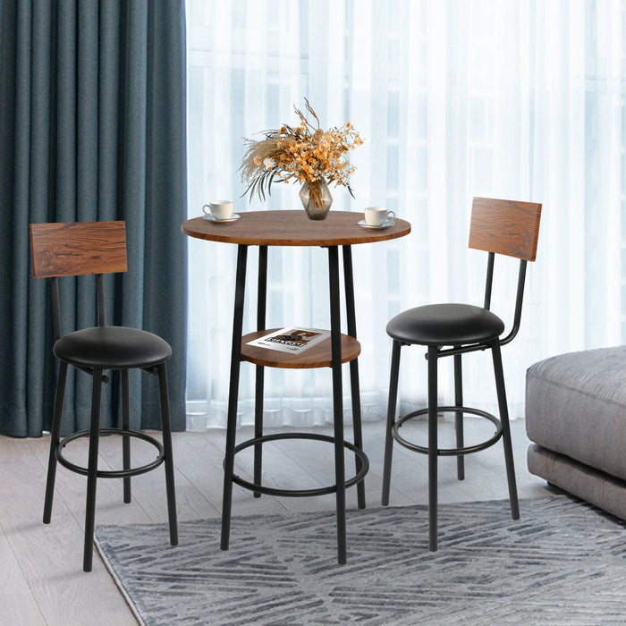 Round Bar Table Set, 2-Tier Table 23.6" for 2 with 2 Upholstered Bar Stools with Backrest