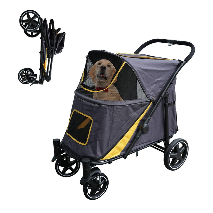 Foldable Pet Stroller Travel Carrier with Storage Pocket, Breathable Mesh, Gray and Yellow