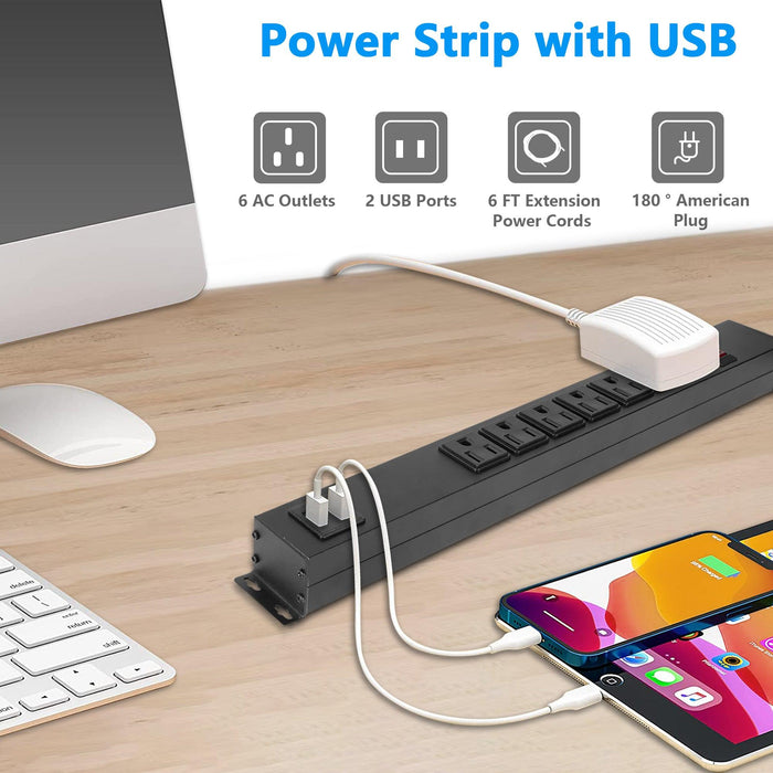 Set of 2 Power Strip with 6 Outlets 2 USB Ports 6 ft Extension Cord Wall Mount, Black