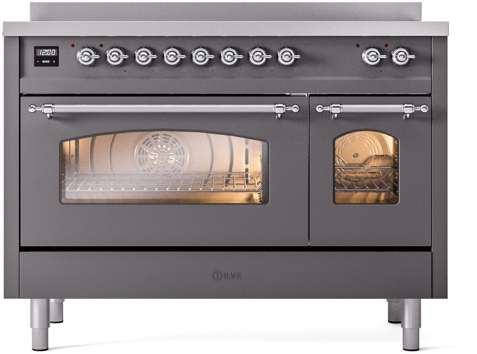 ILVE Nostalgie II 48" Induction Range with Element Stove and Electric Oven in Matte Graphite with Chrome Trim, UPI486NMPMGC