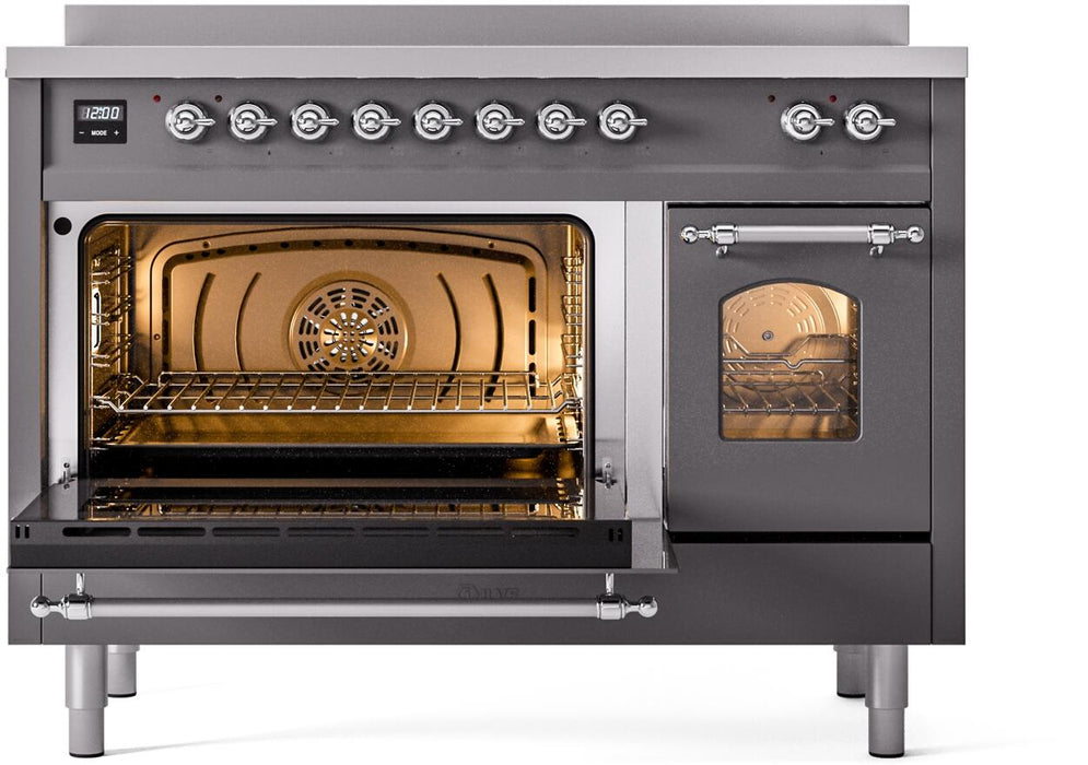 ILVE Nostalgie II 48" Induction Range with Element Stove and Electric Oven in Matte Graphite with Chrome Trim, UPI486NMPMGC