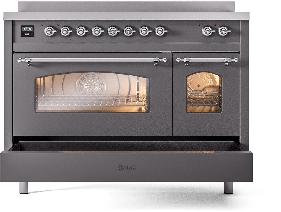 ILVE Nostalgie II 48" Induction Range with Element Stove and Electric Oven in Matte Graphite with Chrome Trim, UPI486NMPMGC