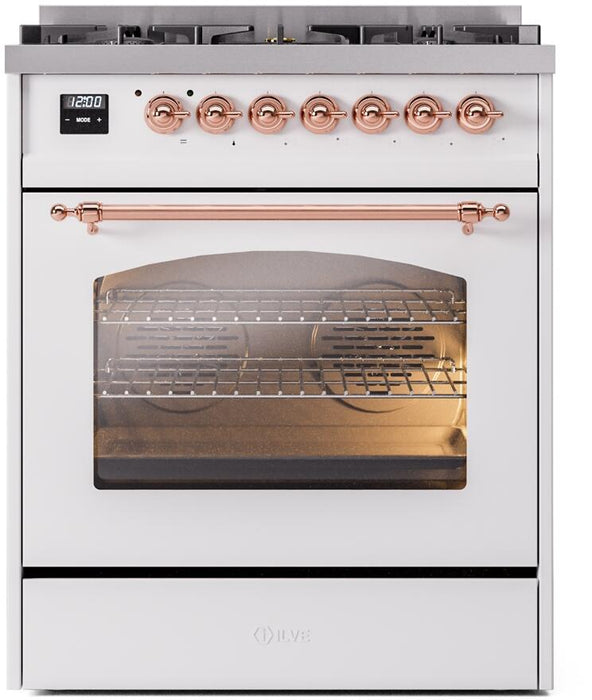 ILVE Nostalgie II 30" Dual Fuel Natural Gas Range in White with Copper Trim, UP30NMPWHP