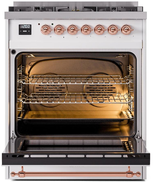 ILVE Nostalgie II 30" Dual Fuel Natural Gas Range in White with Copper Trim, UP30NMPWHP