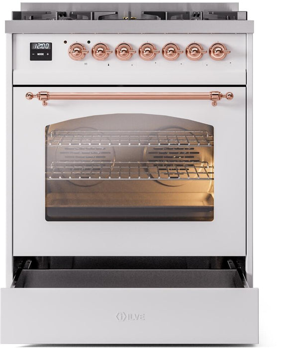 ILVE Nostalgie II 30" Dual Fuel Natural Gas Range in White with Copper Trim, UP30NMPWHP