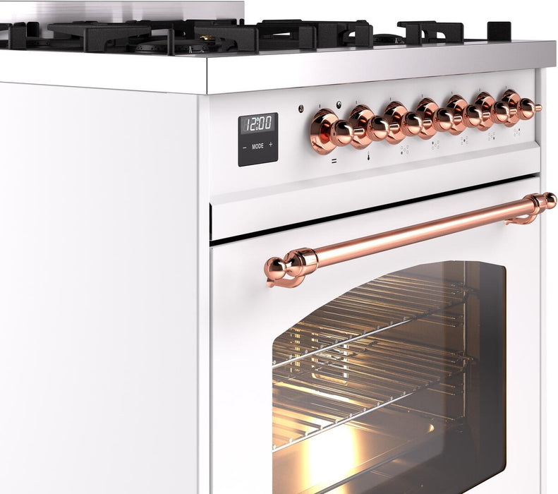 ILVE Nostalgie II 30" Dual Fuel Natural Gas Range in White with Copper Trim, UP30NMPWHP