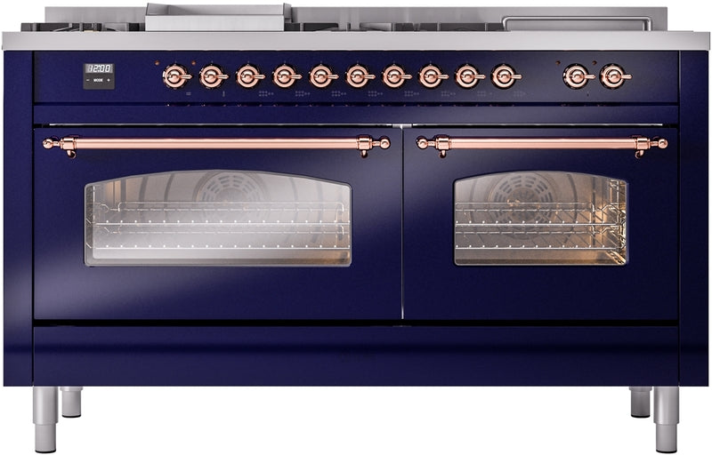 ILVE Nostalgie II 60" Dual Fuel Natural Gas Range in Blue with Copper Trim, UP60FSNMPMBP