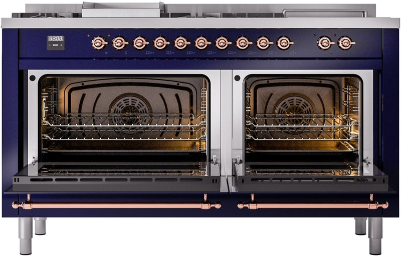 ILVE Nostalgie II 60" Dual Fuel Natural Gas Range in Blue with Copper Trim, UP60FSNMPMBP