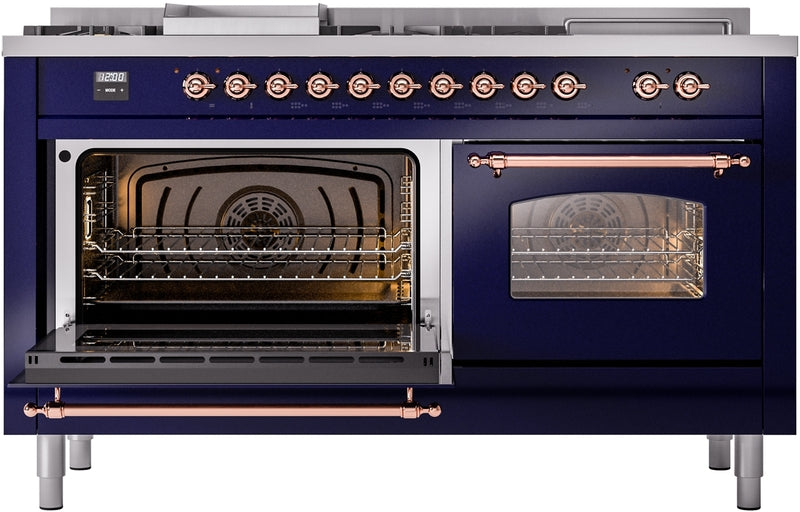 ILVE Nostalgie II 60" Dual Fuel Natural Gas Range in Blue with Copper Trim, UP60FSNMPMBP