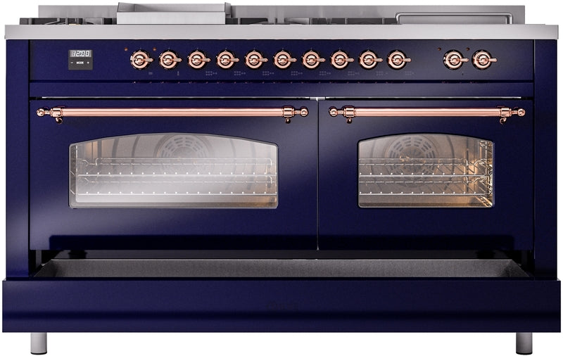 ILVE Nostalgie II 60" Dual Fuel Natural Gas Range in Blue with Copper Trim, UP60FSNMPMBP