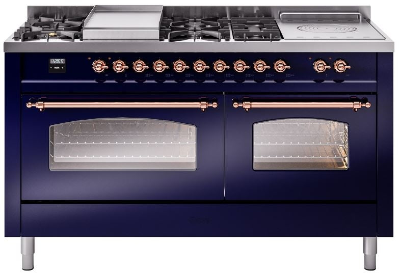 ILVE Nostalgie II 60" Dual Fuel Natural Gas Range in Blue with Copper Trim, UP60FSNMPMBP