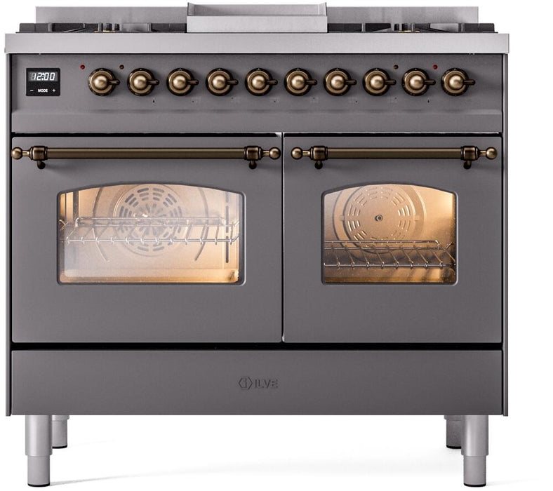 ILVE Nostalgie II 40" Dual Fuel Natural Gas Range in Matte Graphite with Bronze Trim, UPD40FNMPMGB