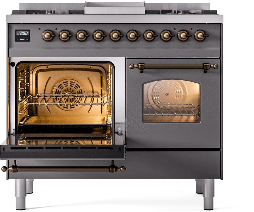 ILVE Nostalgie II 40" Dual Fuel Natural Gas Range in Matte Graphite with Bronze Trim, UPD40FNMPMGB