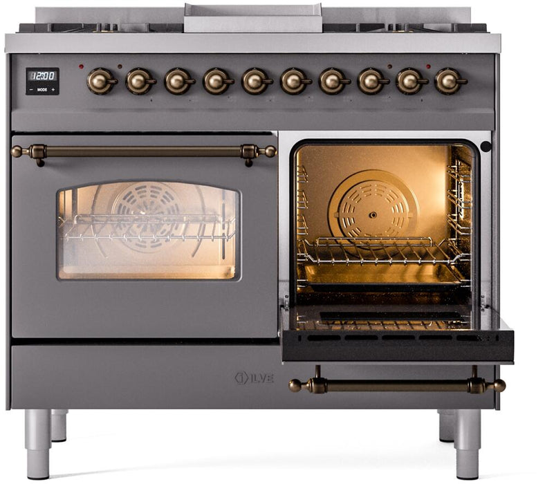 ILVE Nostalgie II 40" Dual Fuel Natural Gas Range in Matte Graphite with Bronze Trim, UPD40FNMPMGB