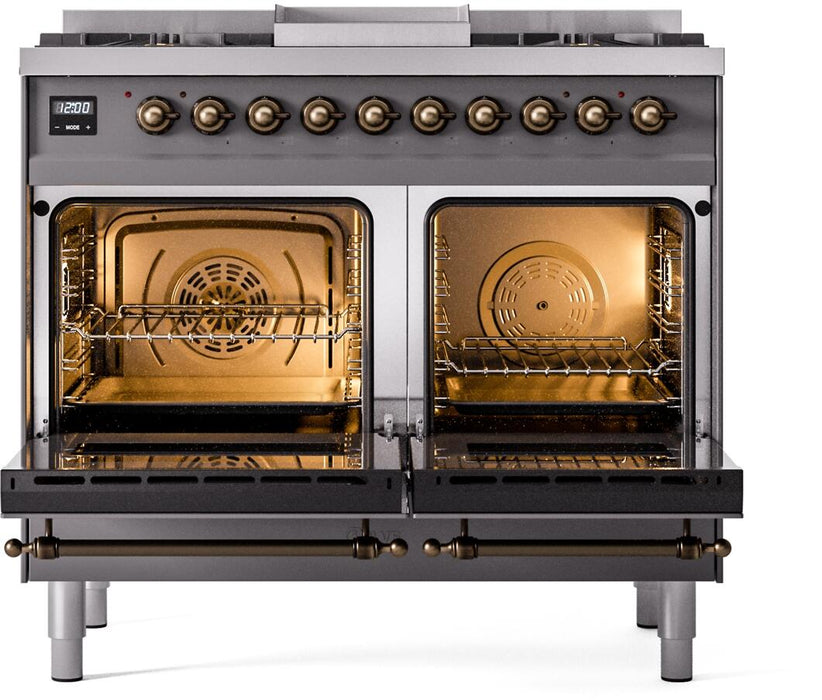 ILVE Nostalgie II 40" Dual Fuel Natural Gas Range in Matte Graphite with Bronze Trim, UPD40FNMPMGB