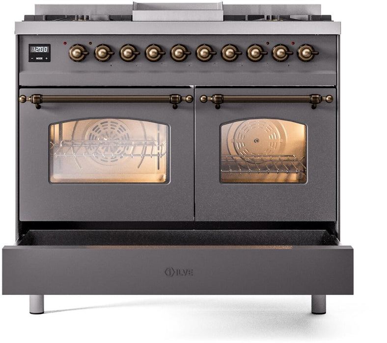 ILVE Nostalgie II 40" Dual Fuel Natural Gas Range in Matte Graphite with Bronze Trim, UPD40FNMPMGB