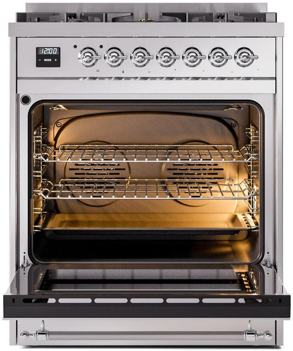 ILVE Nostalgie II 30" Dual Fuel Propane Gas Range in Stainless Steel with Chrome Trim, UP30NMPSSCLP