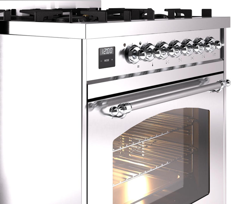 ILVE Nostalgie II 30" Dual Fuel Propane Gas Range in Stainless Steel with Chrome Trim, UP30NMPSSCLP