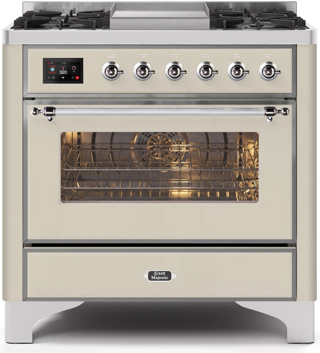 ILVE Majestic II 36" Dual Fuel Natural Gas Range in Antique White with Chrome Trim, UM09FDNS3AWC