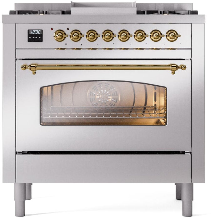 ILVE Nostalgie II 36" Dual Fuel Natural Gas Range in Stainless Steel with Brass Trim, UP36FNMPSSG