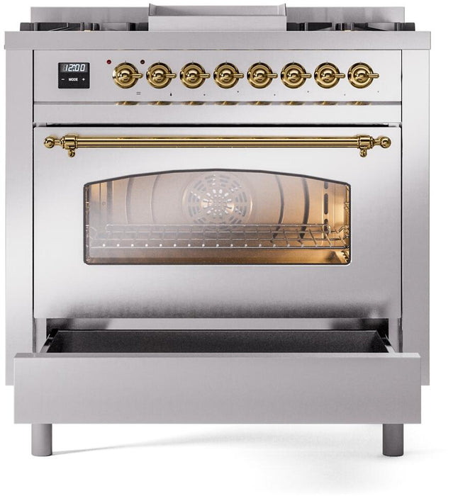 ILVE Nostalgie II 36" Dual Fuel Natural Gas Range in Stainless Steel with Brass Trim, UP36FNMPSSG