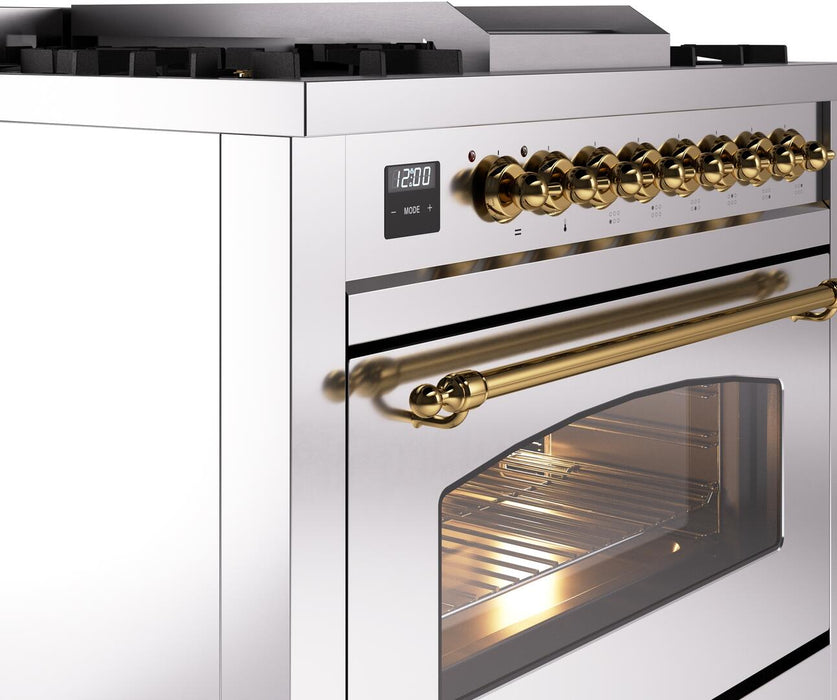 ILVE Nostalgie II 36" Dual Fuel Natural Gas Range in Stainless Steel with Brass Trim, UP36FNMPSSG