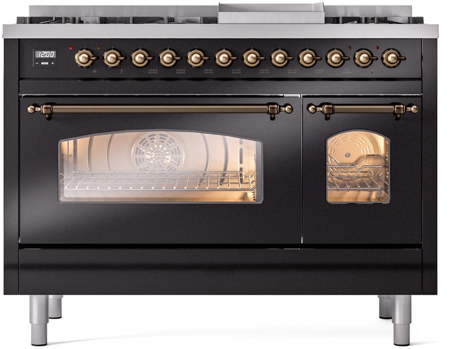 ILVE Nostalgie II 48" Dual Fuel Propane Gas Range in Black with Bronze Trim, UP48FNMPBKBLP