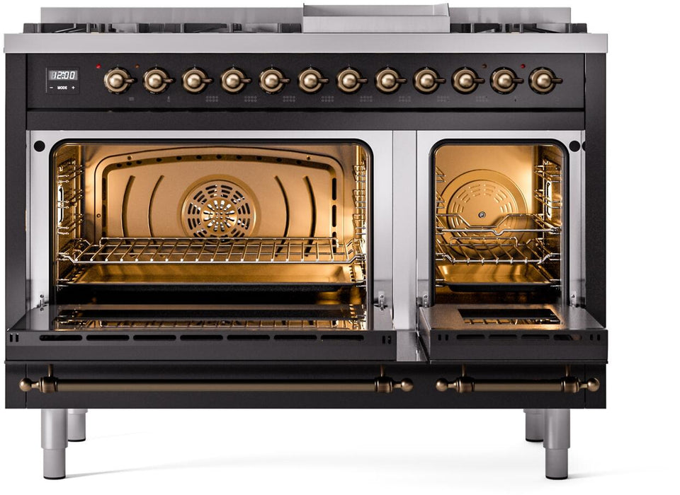 ILVE Nostalgie II 48" Dual Fuel Propane Gas Range in Black with Bronze Trim, UP48FNMPBKBLP