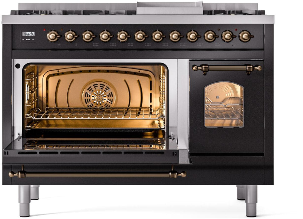 ILVE Nostalgie II 48" Dual Fuel Propane Gas Range in Black with Bronze Trim, UP48FNMPBKBLP