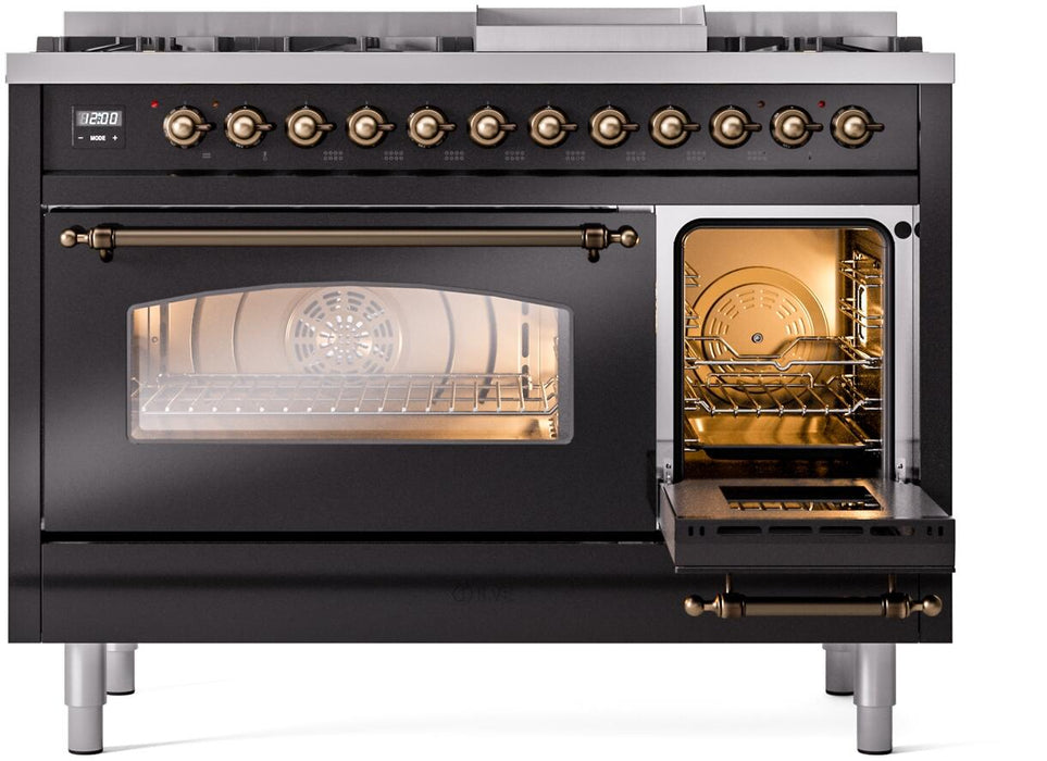 ILVE Nostalgie II 48" Dual Fuel Propane Gas Range in Black with Bronze Trim, UP48FNMPBKBLP