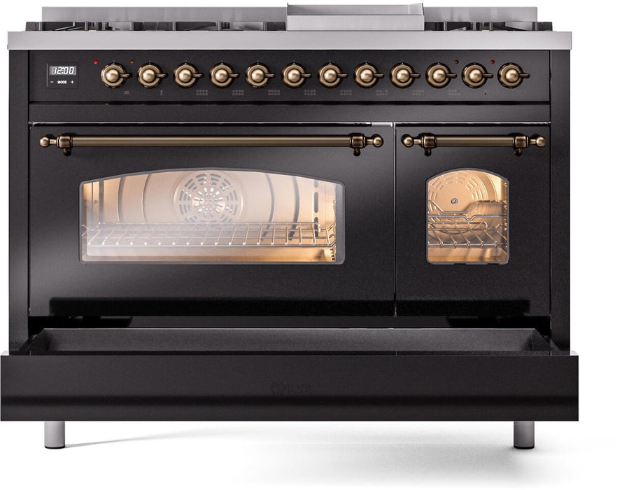 ILVE Nostalgie II 48" Dual Fuel Propane Gas Range in Black with Bronze Trim, UP48FNMPBKBLP