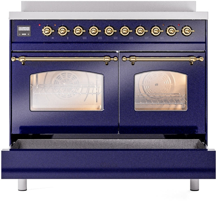 ILVE Nostalgie II 40" Induction Range with Element Stove and Electric Oven in Blue with Brass Trim, UPDI406NMPMBG