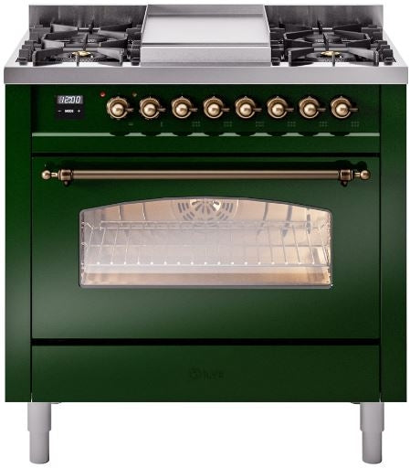 ILVE Nostalgie II 36" Dual Fuel Propane Gas Range in Emerald Green with Bronze Trim, UP36FNMPEGBLP