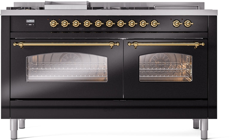 ILVE Nostalgie II 60" Dual Fuel Natural Gas Range in Glossy Black with Brass Trim, UP60FSNMPBKG