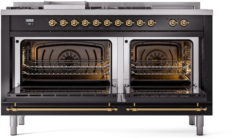 ILVE Nostalgie II 60" Dual Fuel Natural Gas Range in Glossy Black with Brass Trim, UP60FSNMPBKG