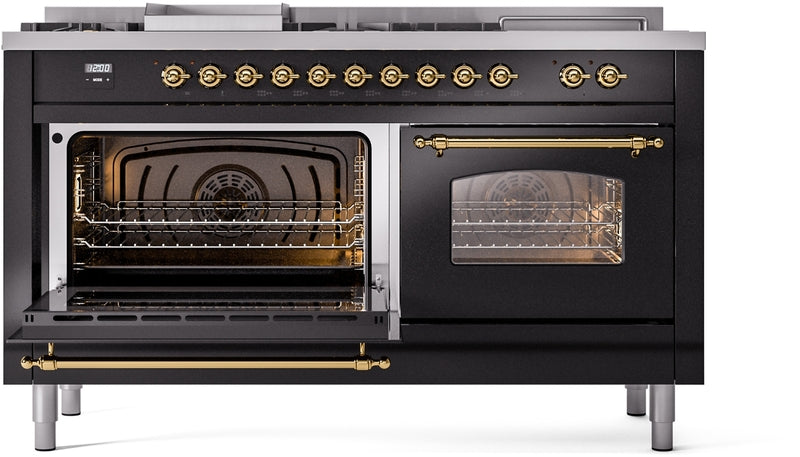 ILVE Nostalgie II 60" Dual Fuel Natural Gas Range in Glossy Black with Brass Trim, UP60FSNMPBKG