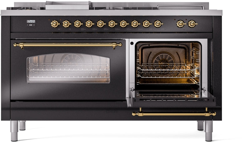 ILVE Nostalgie II 60" Dual Fuel Natural Gas Range in Glossy Black with Brass Trim, UP60FSNMPBKG