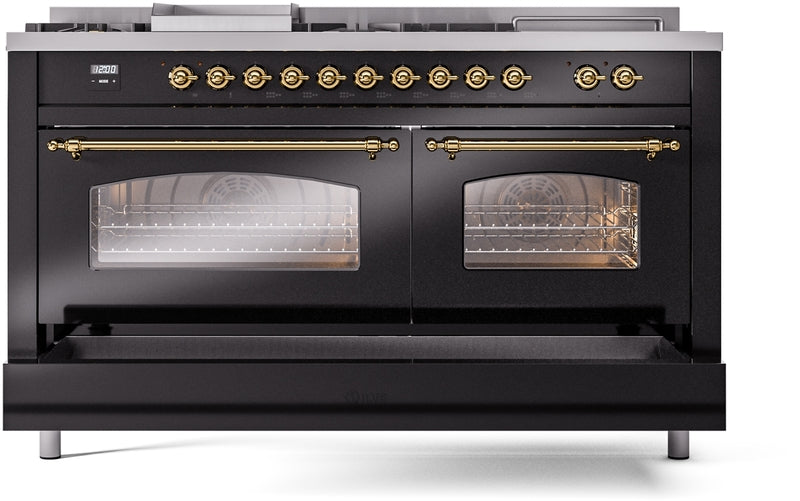 ILVE Nostalgie II 60" Dual Fuel Natural Gas Range in Glossy Black with Brass Trim, UP60FSNMPBKG