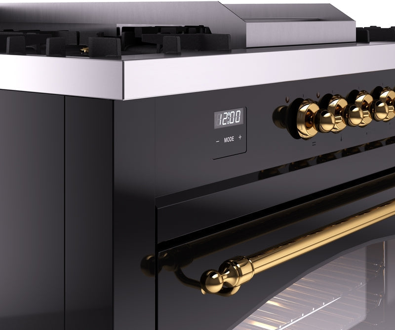 ILVE Nostalgie II 60" Dual Fuel Natural Gas Range in Glossy Black with Brass Trim, UP60FSNMPBKG