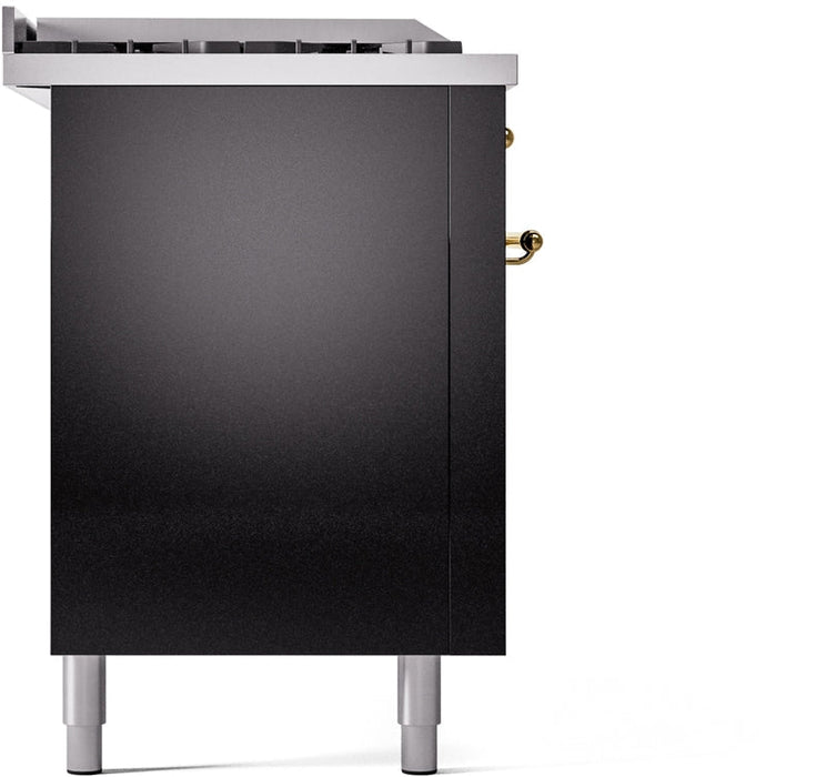 ILVE Nostalgie II 60" Dual Fuel Natural Gas Range in Glossy Black with Brass Trim, UP60FSNMPBKG