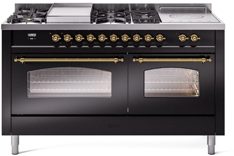 ILVE Nostalgie II 60" Dual Fuel Natural Gas Range in Glossy Black with Brass Trim, UP60FSNMPBKG