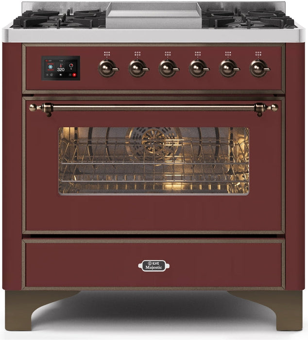 ILVE Majestic II 36" Dual Fuel Natural Gas Range in Burgundy with Bronze Trim, UM09FDNS3BUB