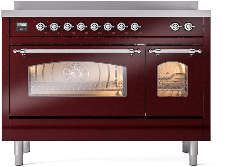 ILVE Nostalgie II 48" Induction Range with Element Stove and Electric Oven in Burgundy with Chrome Trim, UPI486NMPBUC