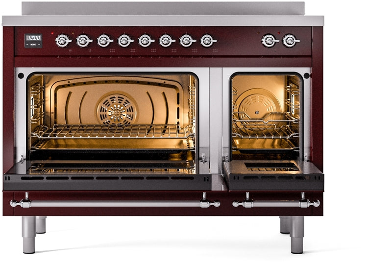 ILVE Nostalgie II 48" Induction Range with Element Stove and Electric Oven in Burgundy with Chrome Trim, UPI486NMPBUC