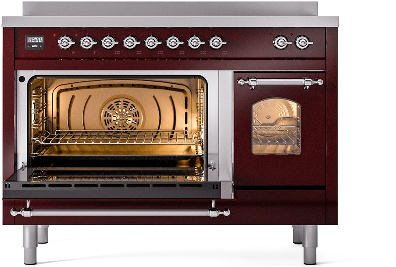 ILVE Nostalgie II 48" Induction Range with Element Stove and Electric Oven in Burgundy with Chrome Trim, UPI486NMPBUC