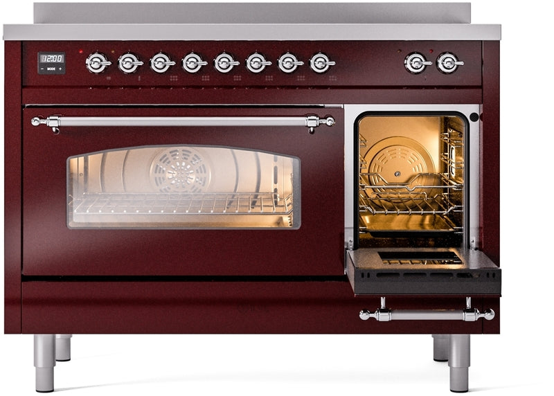 ILVE Nostalgie II 48" Induction Range with Element Stove and Electric Oven in Burgundy with Chrome Trim, UPI486NMPBUC