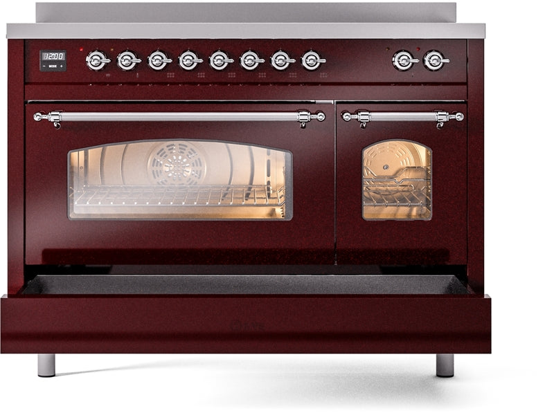 ILVE Nostalgie II 48" Induction Range with Element Stove and Electric Oven in Burgundy with Chrome Trim, UPI486NMPBUC